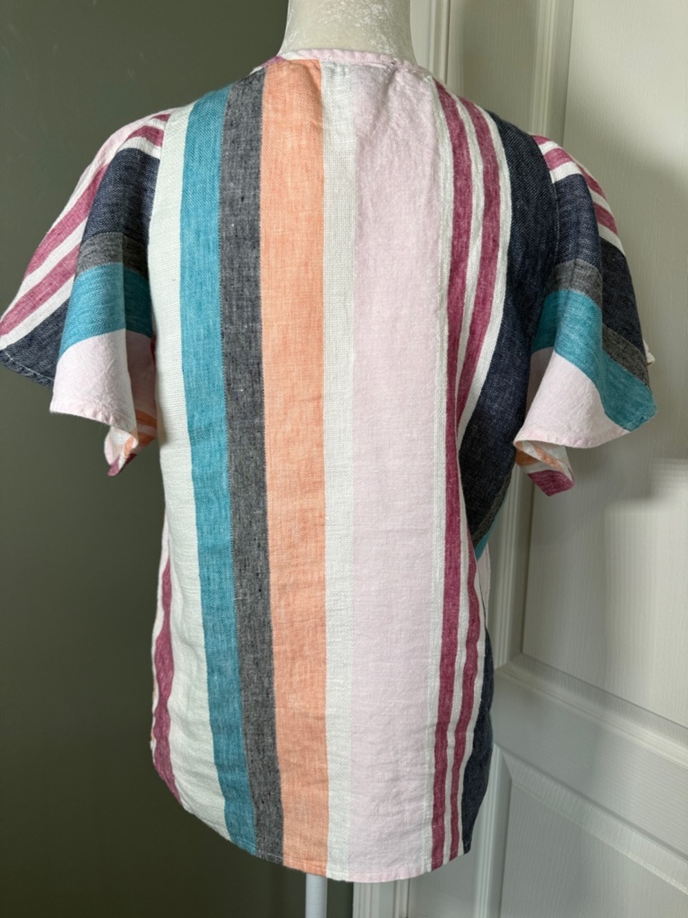 J.Crew 100% Linen Striped Top Flutter Sleeve Keyhole Neck Size 8 - Picture 6 of 8